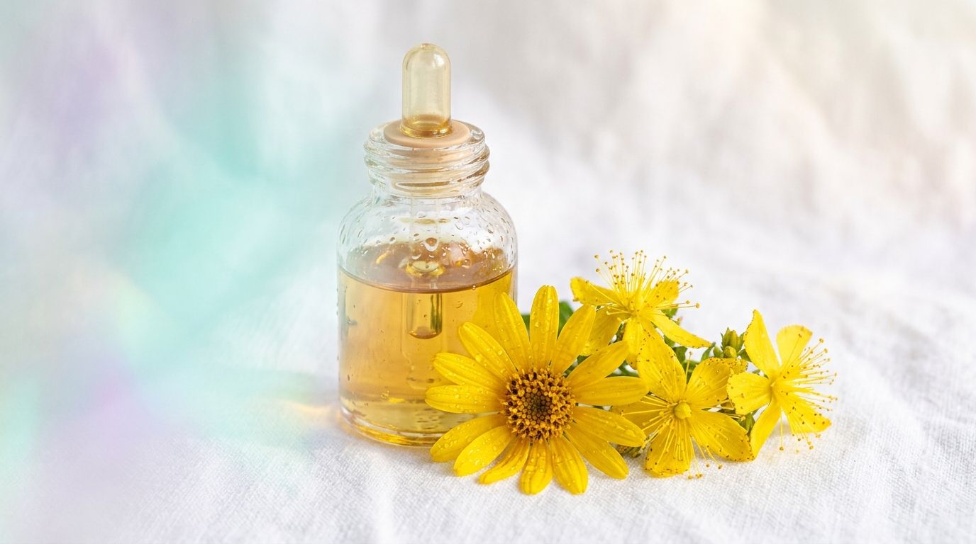 Flores frescas de árnica e hipérico con frasco gotero de aceite macerado para masaje