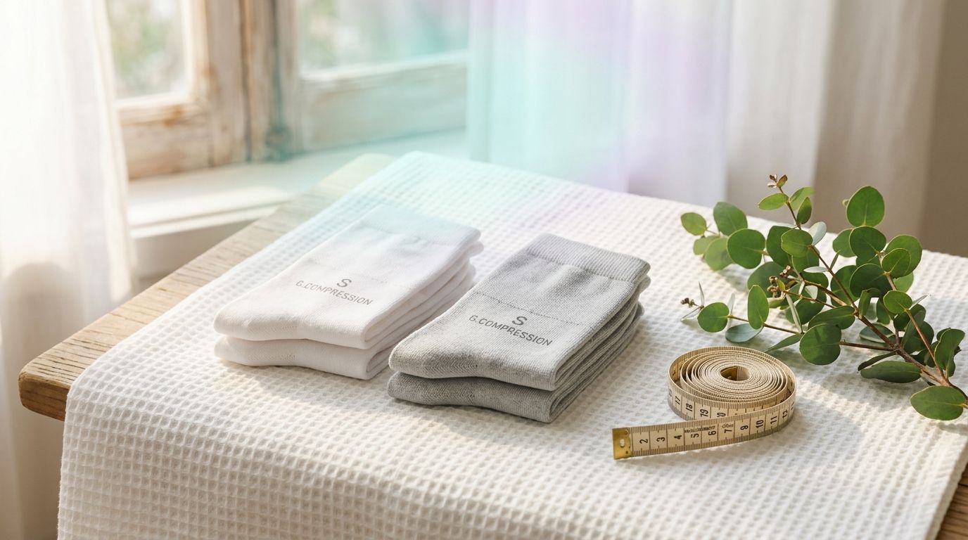Calcetines de compresión gradual y cinta métrica sobre lino para salud circulatoria