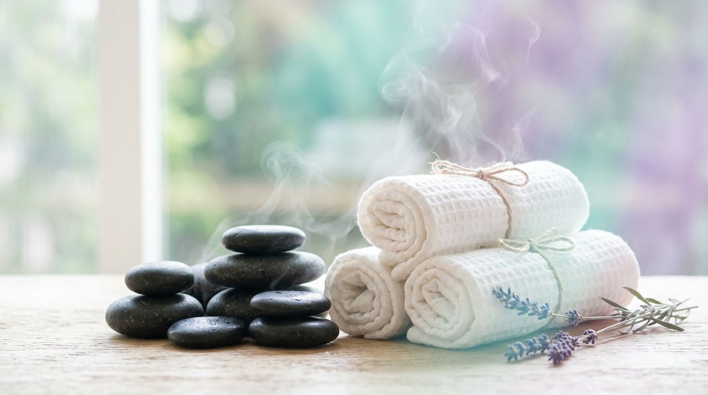 Piedras volcánicas de basalto y compresas humeantes para termoterapia y relajación profunda