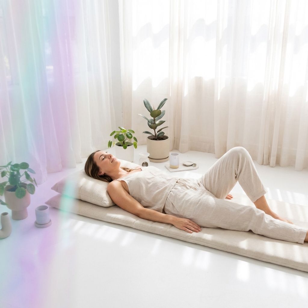 Mujer cuidando su cuerpo y bienestar en un entorno natural y relajante