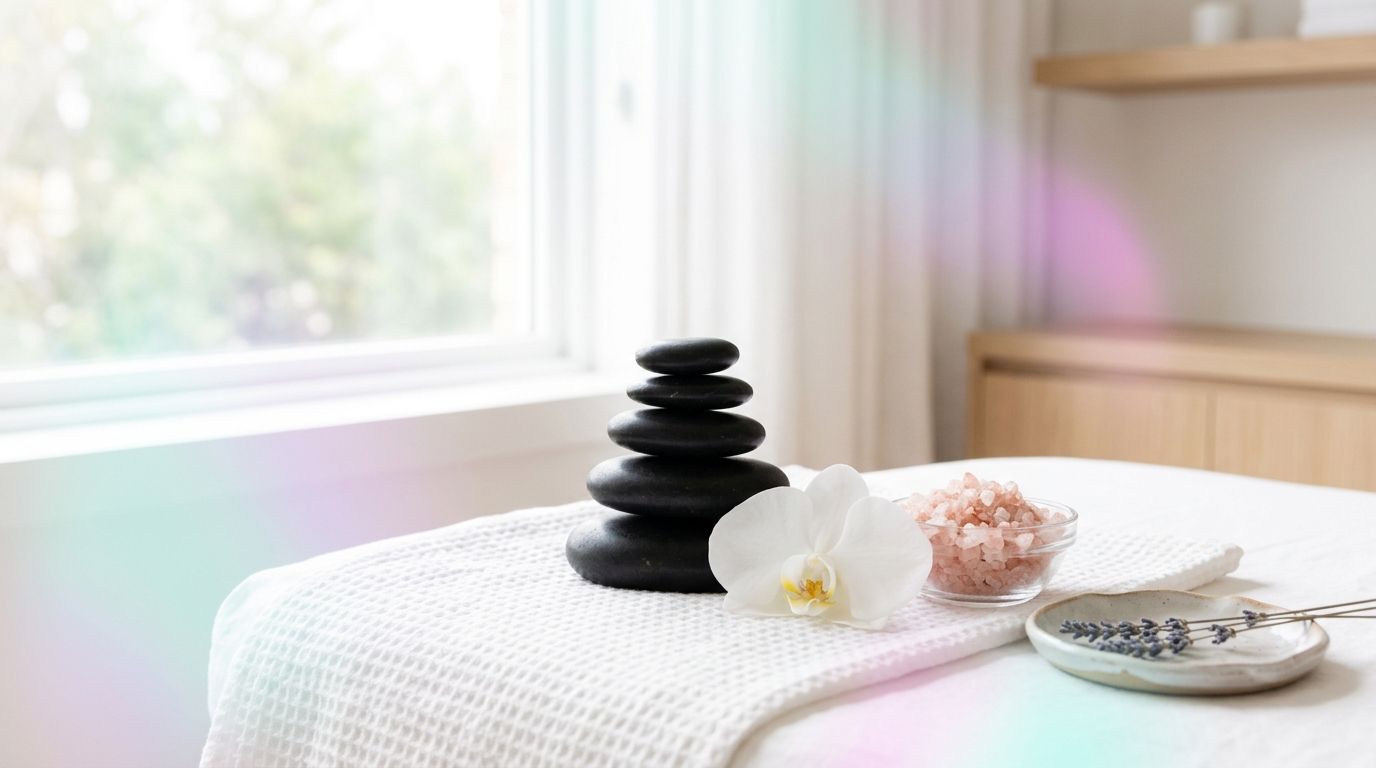 Piedras volcánicas en equilibrio zen, orquídea blanca y sales botánicas sobre lino