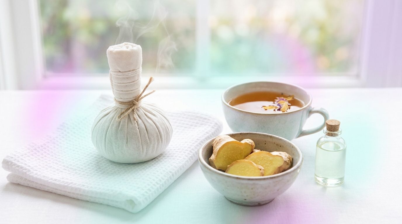 Compresa caliente de algodón, jengibre fresco e infusión botánica sobre lino blanco