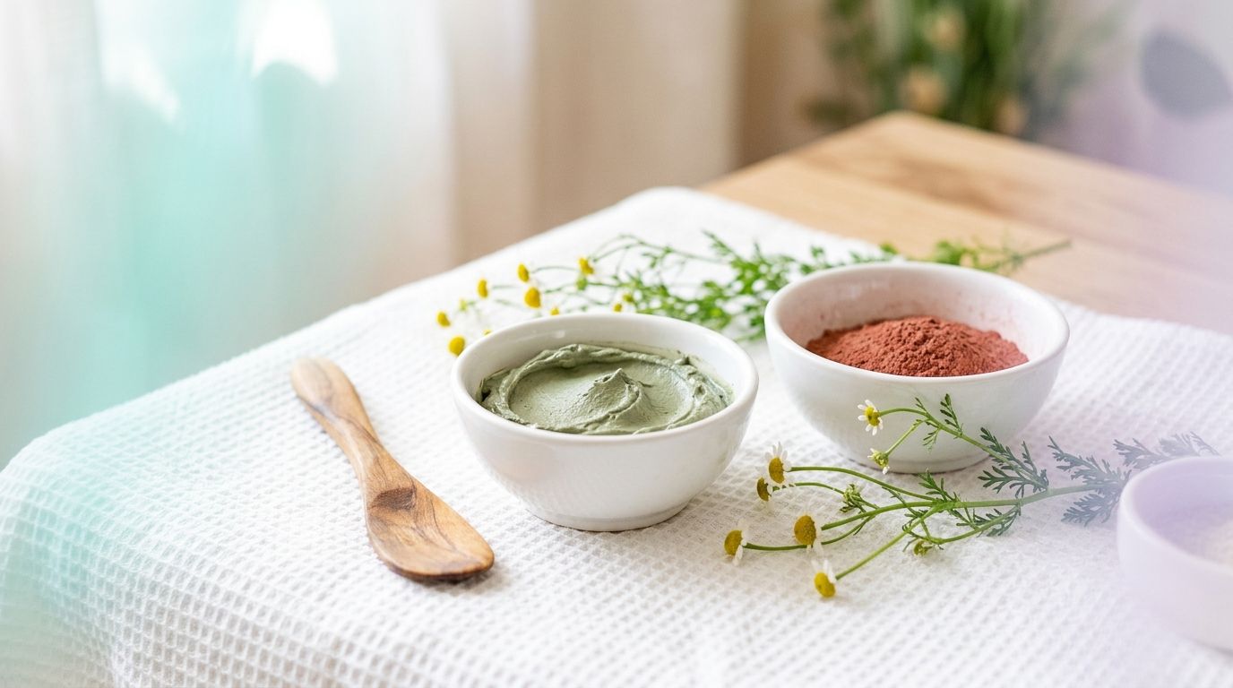 Cuencos de arcilla verde montmorillonita y arcilla roja medicinal con espátula de madera