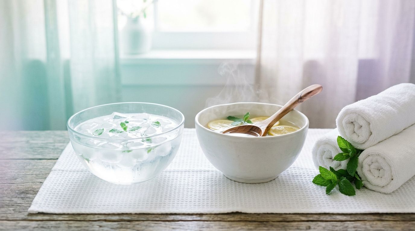 Elementos de hidroterapia de contrastes térmicos con cuencos de agua fría, caliente y toallas blancas
