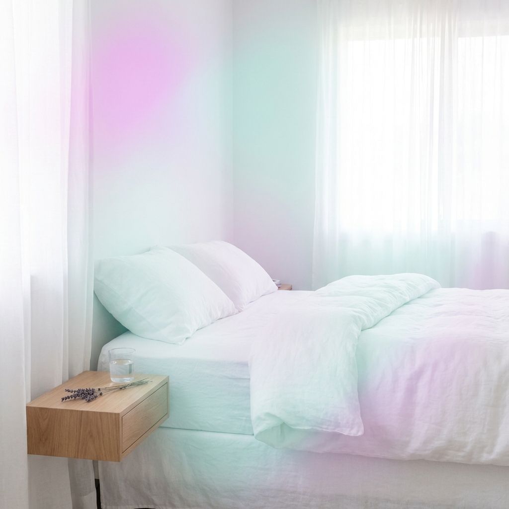 Dormitorio sereno con sábanas blancas y luz suave, invitando al descanso