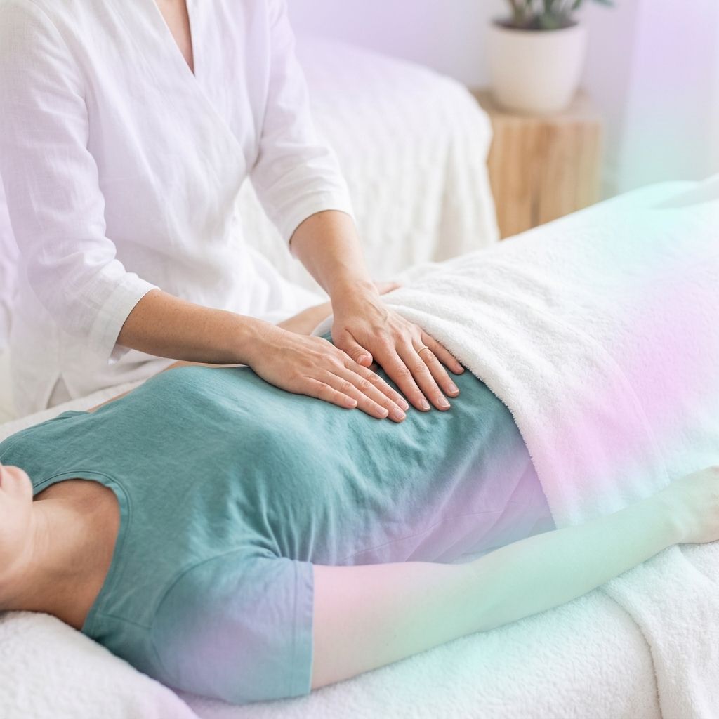 Terapeuta realizando un masaje suave y consciente en la zona del plexo solar y reborde costal