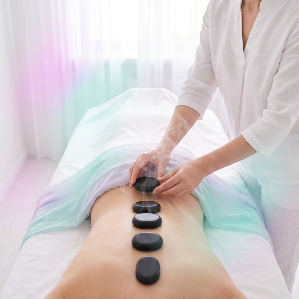 Piedras volcánicas negras lisas colocadas sobre la espalda de un cliente en un entorno de spa
