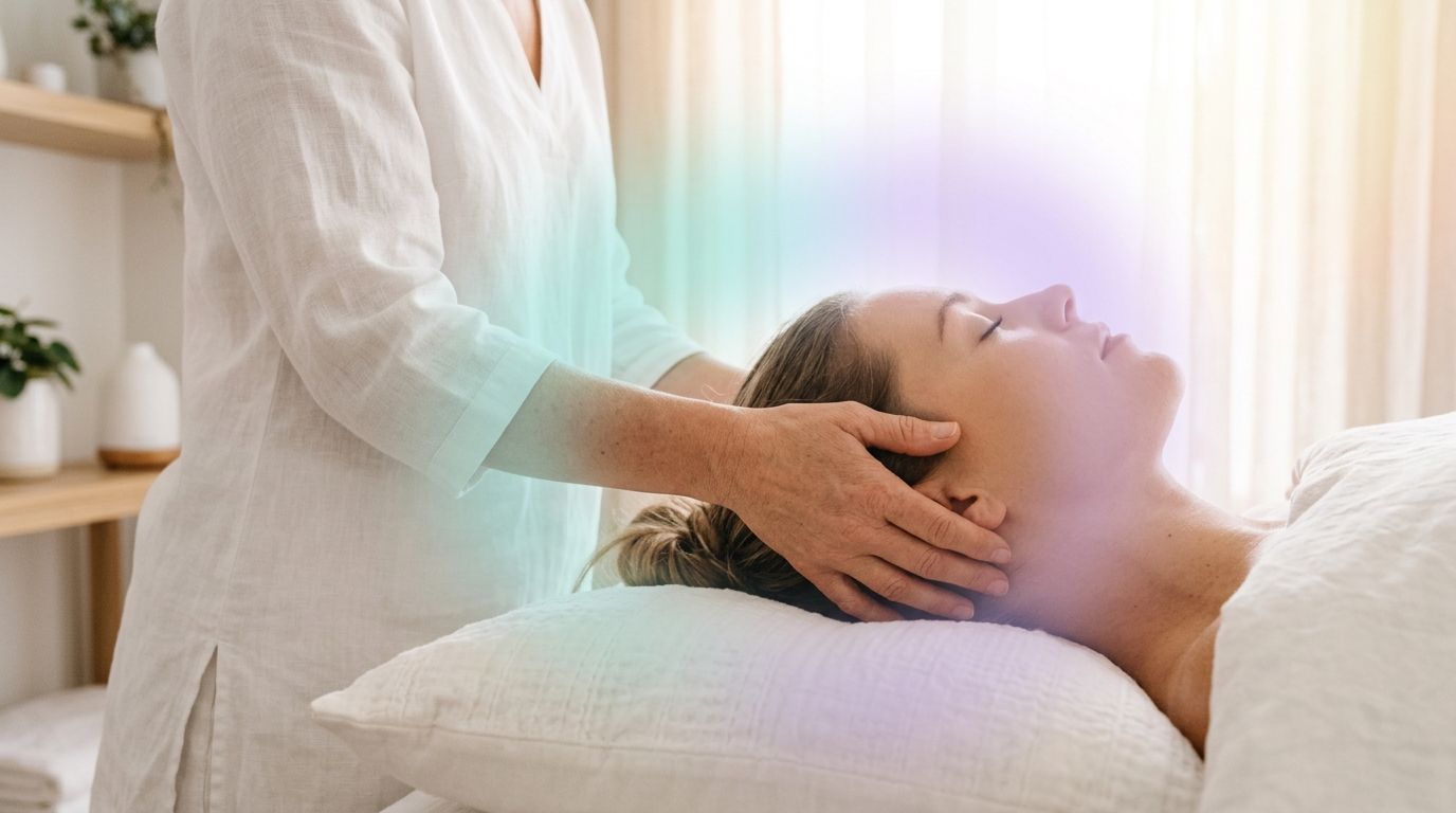Toque sutil de terapia craneosacral en base occipital para relajación profunda y migrañas