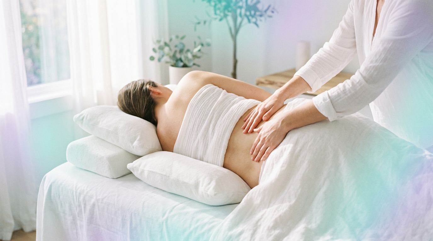 Masaje prenatal seguro para mujer embarazada en postura lateral con almohadas ergonómicas en camilla