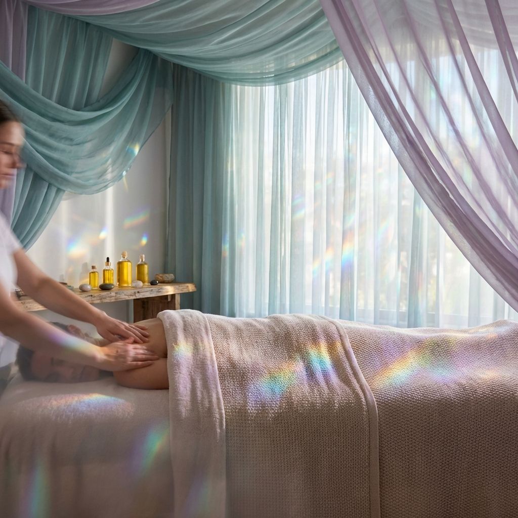 Sesión de masaje serena en un entorno premium con iluminación suave y telas etéreas en tonos turquesa y lila