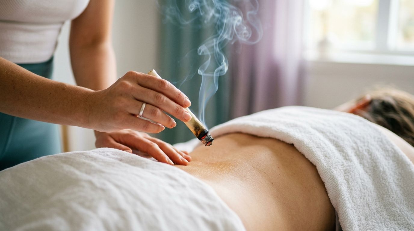 Aplicación de moxa de artemisa con suave calor sobre puntos energéticos en consulta de terapias naturales