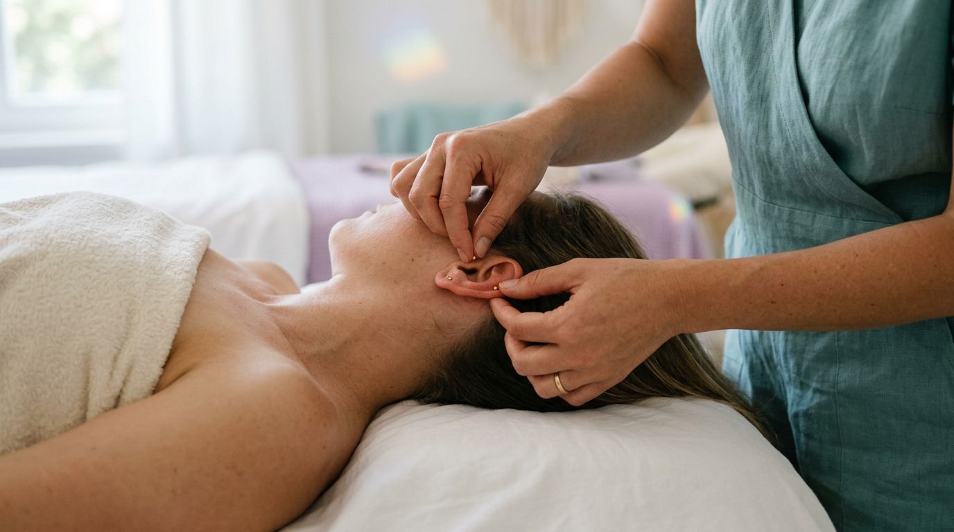 Estimulación precisa y suave de puntos reflejos en la oreja y cráneo en sesión holística