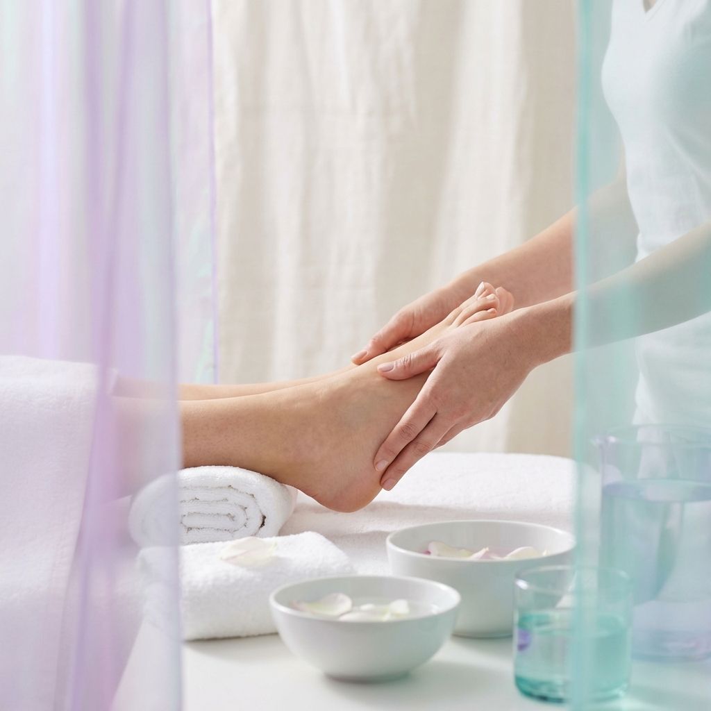 Sesión de reflexología podal, estimulando puntos reflejos en la planta del pie