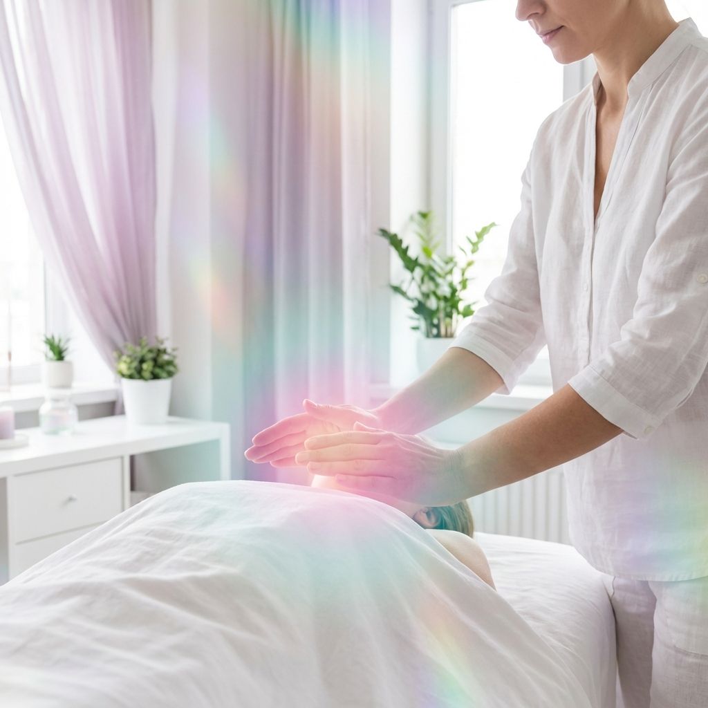 Manos de terapeuta en posición de imposición de manos sobre un fondo de luz suave y etérea
