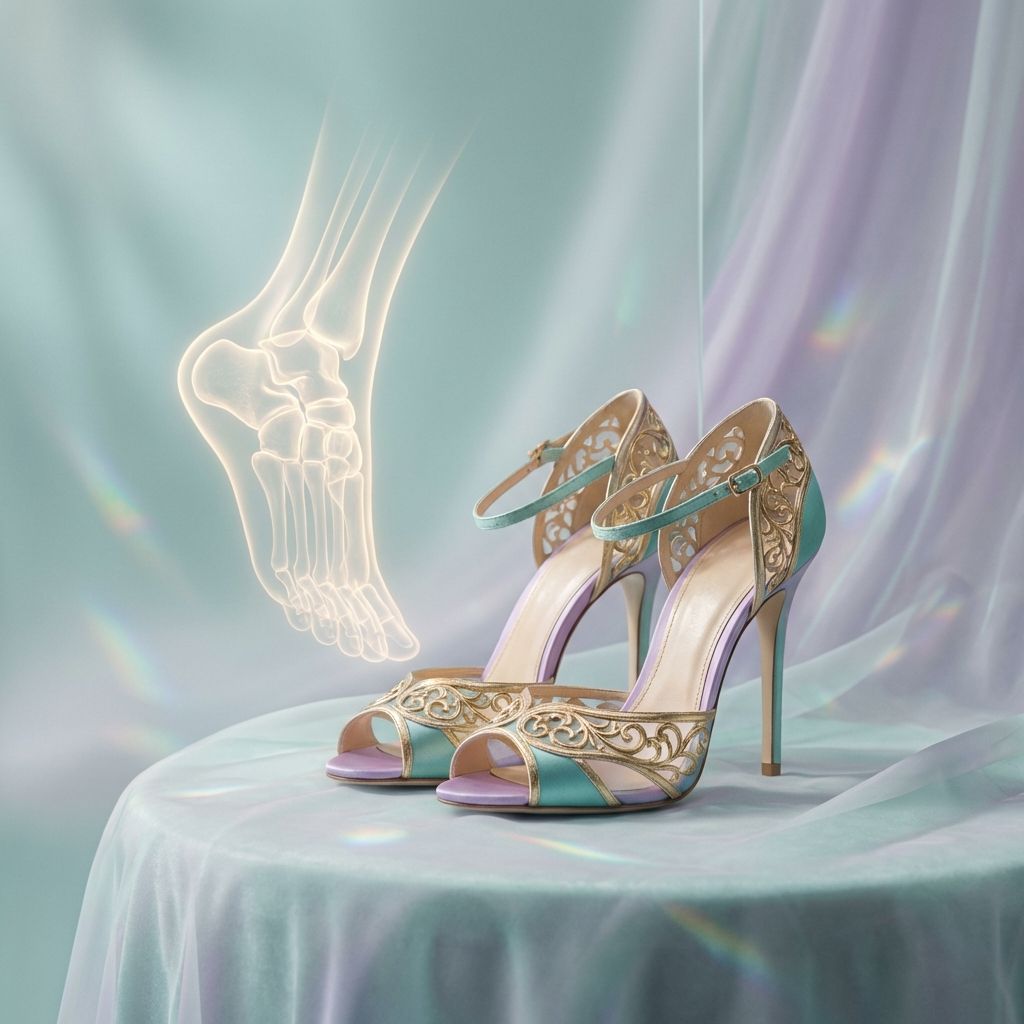 Elegantes tacones de diseño sobre un fondo etéreo con luces holográficas, simbolizando el equilibrio entre estética y salud