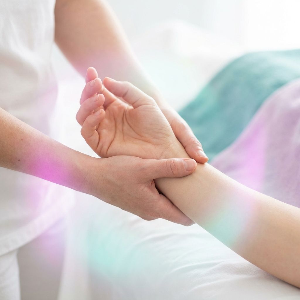 Detalle de manos de un terapeuta estableciendo un contacto cálido y reconfortante con el cliente