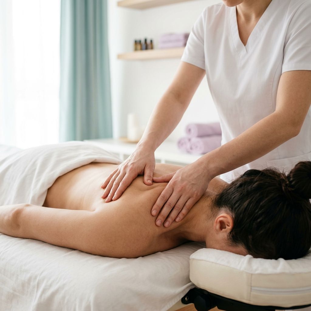 Masaje descontracturante manual en la zona superior de la espalda, trapecios y entre las escápulas