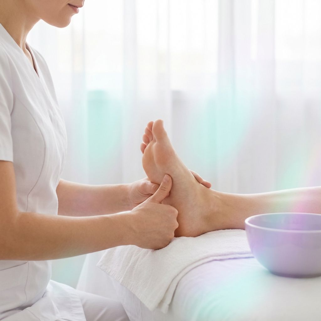 Sesión de reflexología podal, estimulando puntos reflejos en la planta del pie